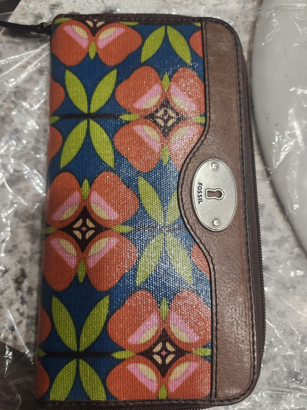 Fossil Blue Floral Zip Wallet with Brown Trim